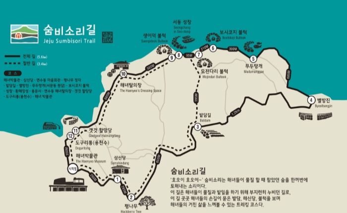 숨비소리길 안내 지도(절반길 : 삼신당-팽나무-밭담길-모진다리 불턱-해녀탈의장-갯것 할망당)