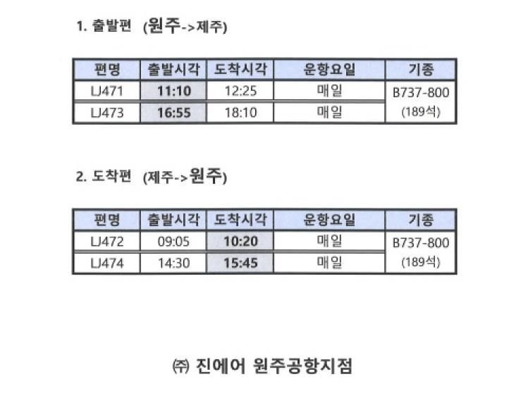 2025년 원주공항 동계 운항 일정