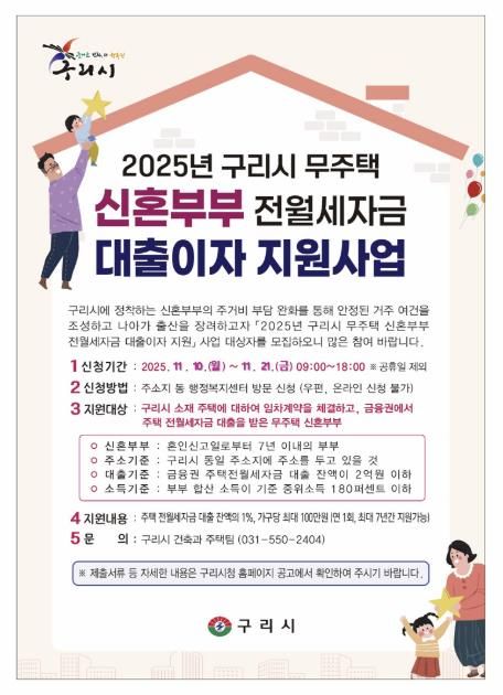 구리시, 무주택 신혼부부 주거 안정을 위해 대출이자 지원 나선다