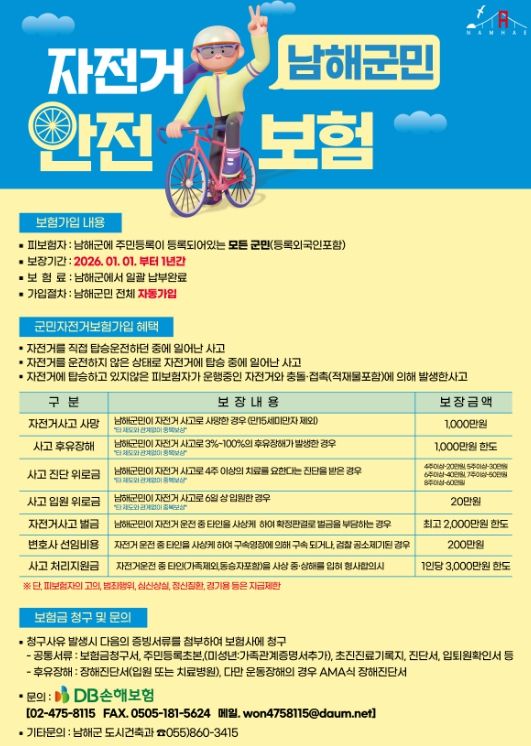 ‘남해군민 자전거안전보험’ 혜택 확대