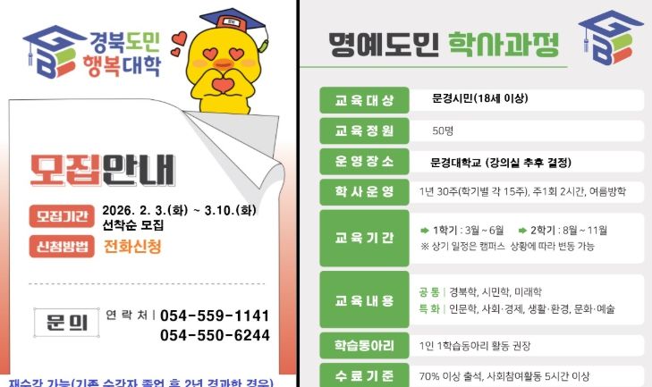 2026년 경북도민행복대학 문경시캠퍼스 명예학사과정 신입생 모집