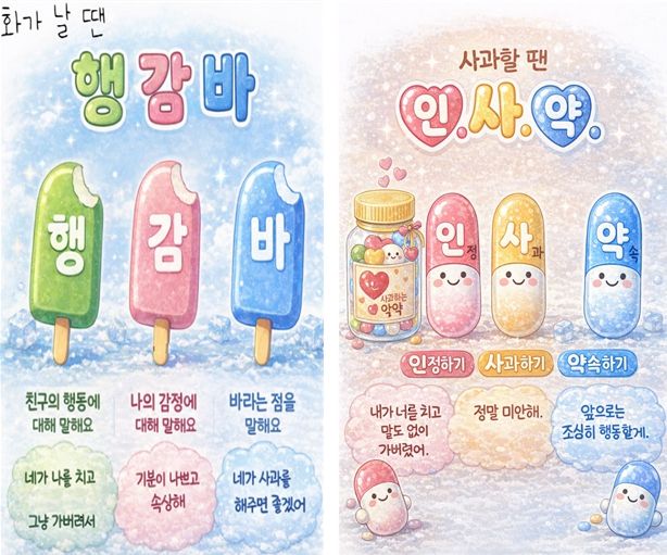 ‘행감바 인사약 포스터’는 인성교육 꾸러미 자료 중 하나로 학생들이 화가날 때 사과할 때 대화하는 방법을 이미지와 글로 나타낸 자료이다.