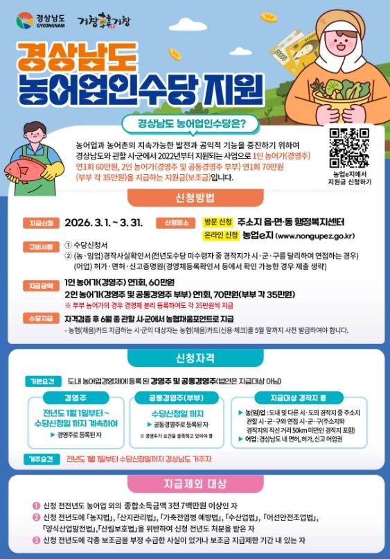 거창군, 2026년 농어업인수당 신청·접수