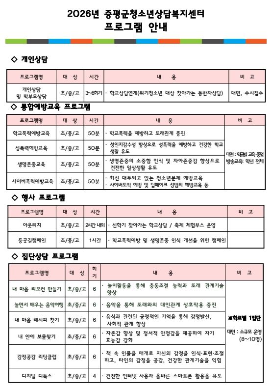 2026년 증평군청소년상담복지센터 프로그램