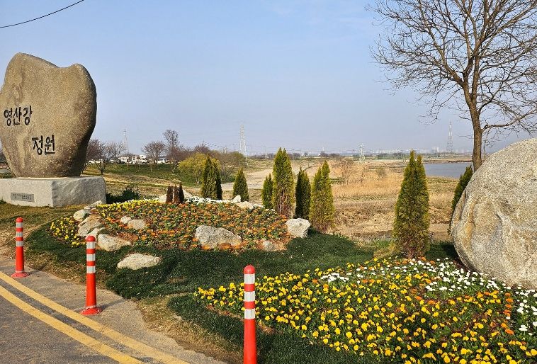 영산강정원 입구 화단에 팬지, 데이지 등 다양한 봄꽃이 관광객들을 맞이한다.